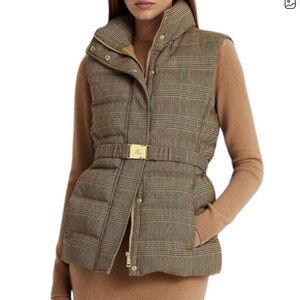 Lauren Ralph Lauren Brown & Green Plaid Belted Down Vest